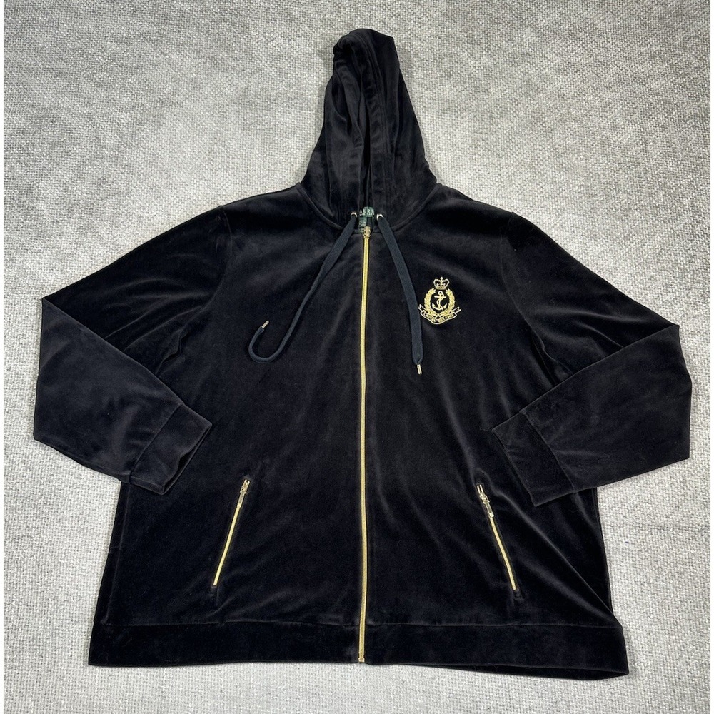 Vtg Lauren Ralph Lauren Black Velour Hoodie Track Jacket Gold Crest Womens 3X